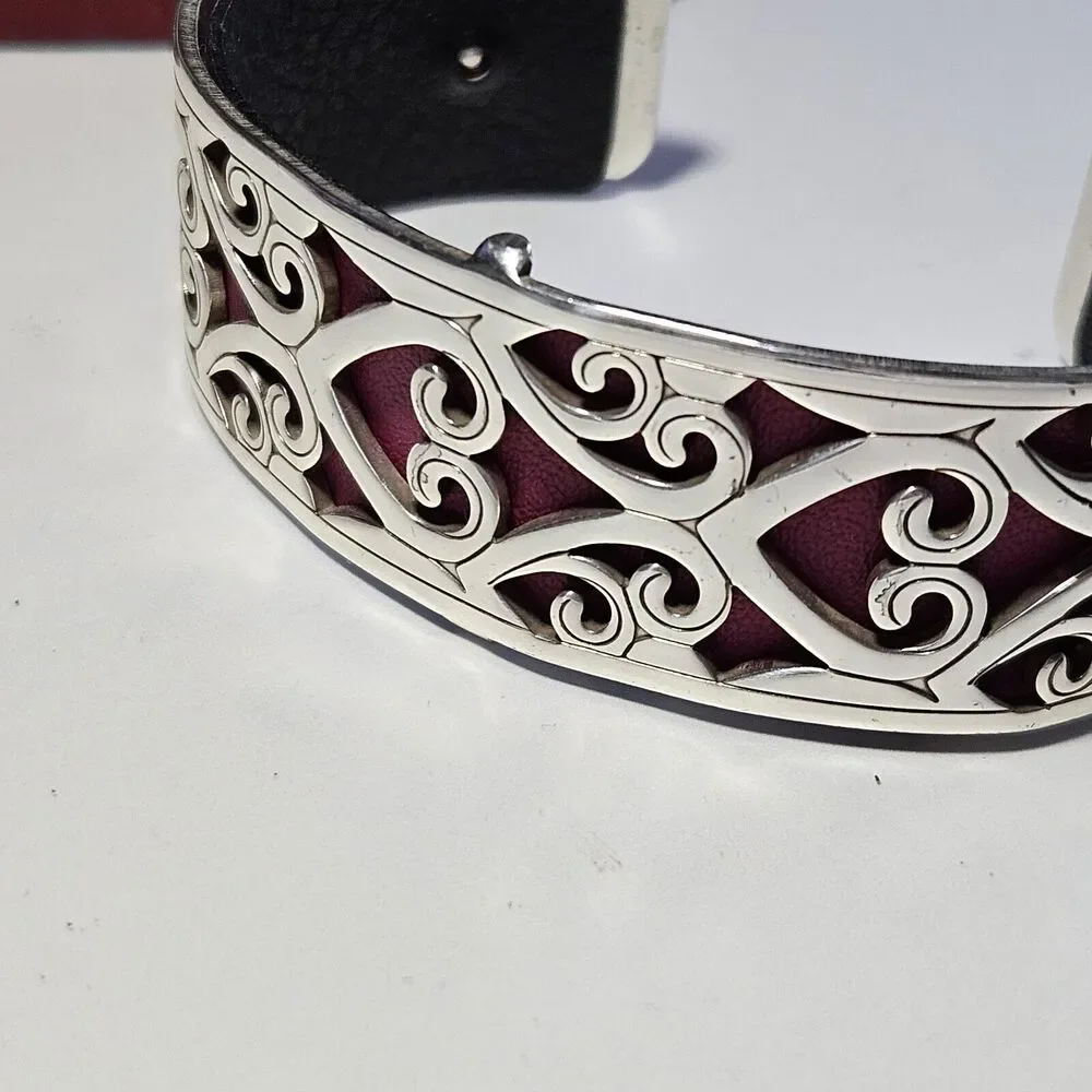 Brighton Christo Madrid Narrow Silver Plated Cuff Bracelet Pink Red Leather 7" - Picture 6 of 16